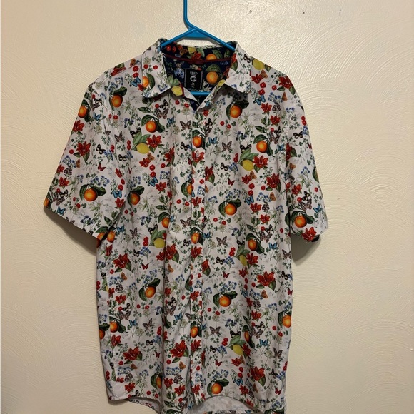 Red and White Casual Button Down Shirt with Floral and Fruit Print - Picture 1 of 8